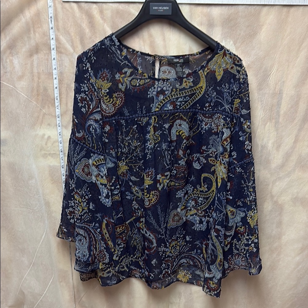 Style & Co. Blue and Tan 3/4 Sleeve Relaxed Blouse
